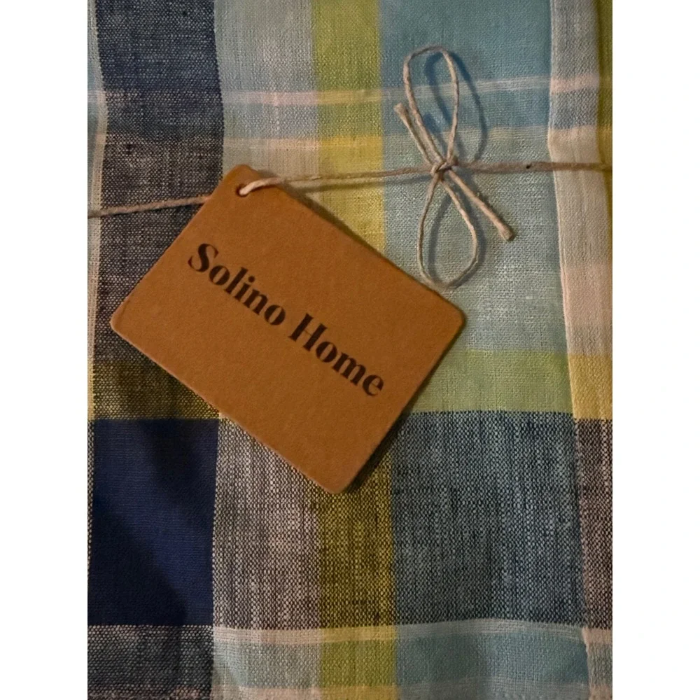 Solino Home Summer Madras Plaid 100% Pure Linen Tablecloth Blue 60 x 108 Rect